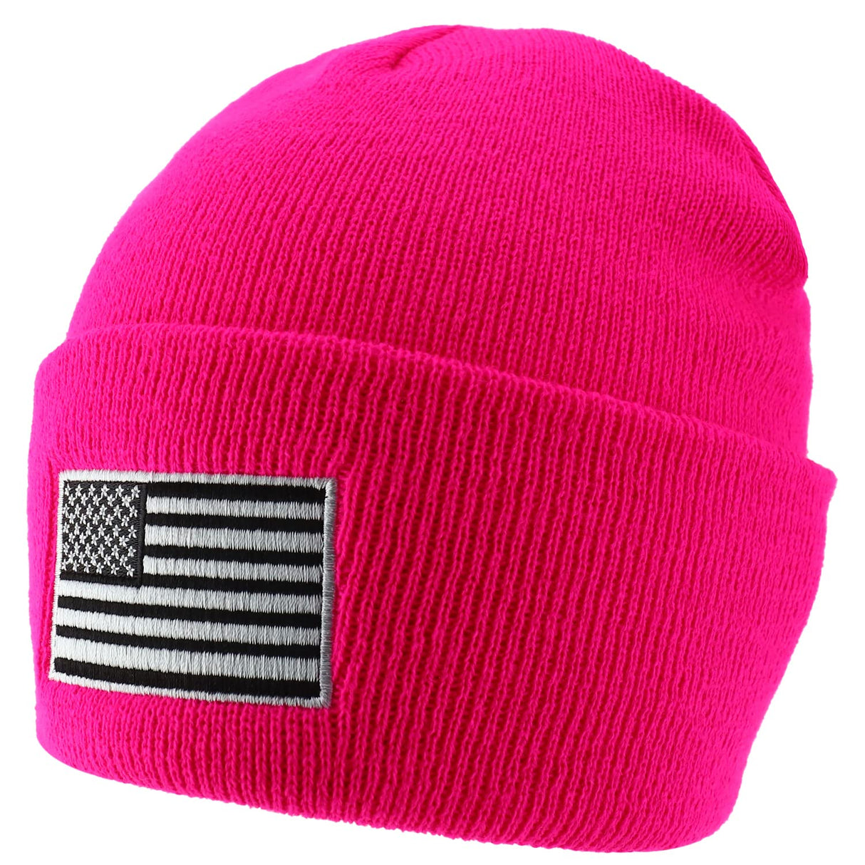 Made in USA Grey American Flag Embroidered Knit Cuff Long Beanie