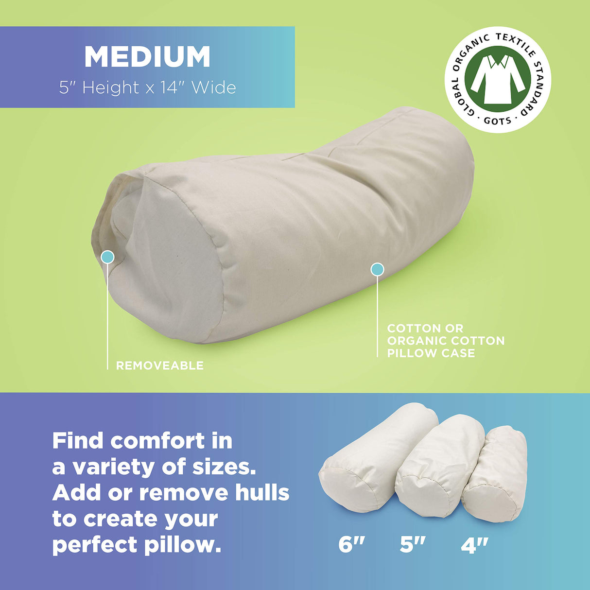Bean Products Neck Roll Organic Kapok Pillow - 6" x 16" - Organic Cotton Zippered Shell - Made in USA