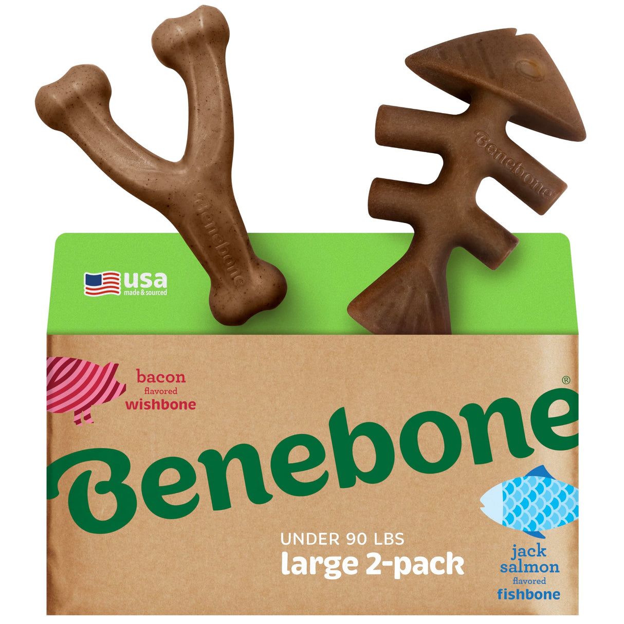 Benebone 2-pack Wishbone/Dental Durable Dog Chew Toys, Dog Toys for Aggressive Chewers, Real Bacon, Made in USA, Medium