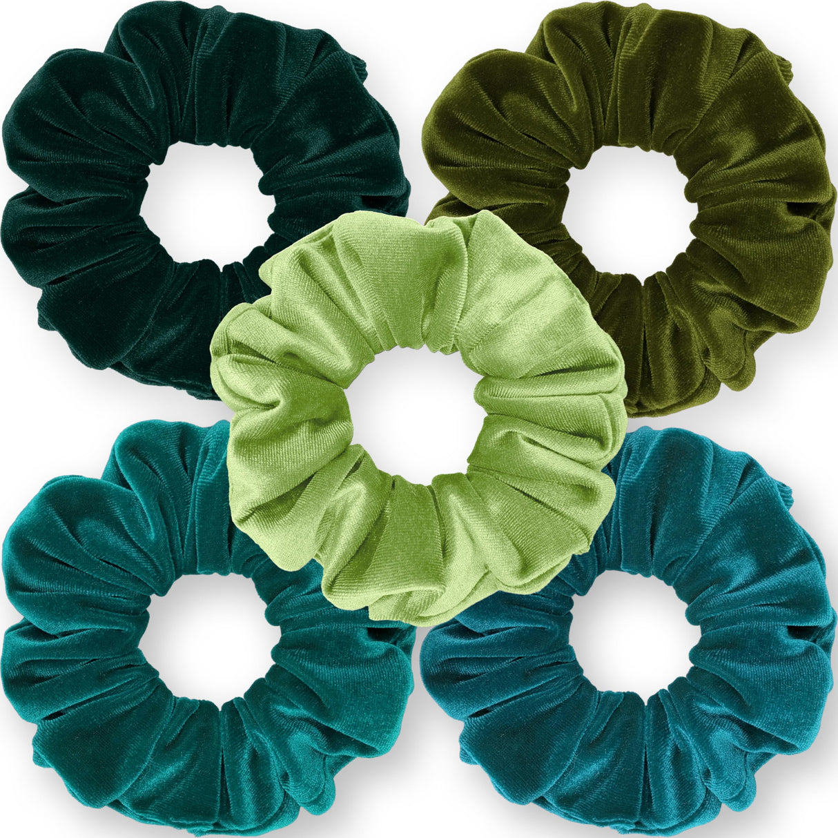 Velvet Scrunchies 5-Pack Gift Set Mini Size Premium Plush Soft Ponytail Holder Made in the USA Pine Teal Blue Aqua Jade Teal Green