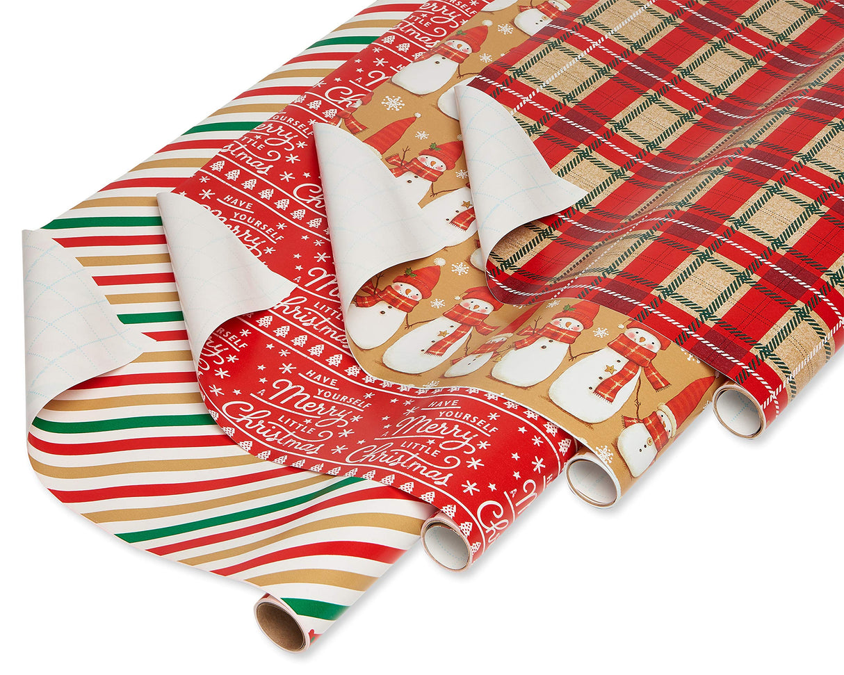 American Greetings 120 sq. ft. Christmas Wrapping Paper Set, Tan, Plaid, Snowman and Christmas Text (4 Rolls 30 in. x 12 ft., 7 Bows, 30 Gift Tags)
