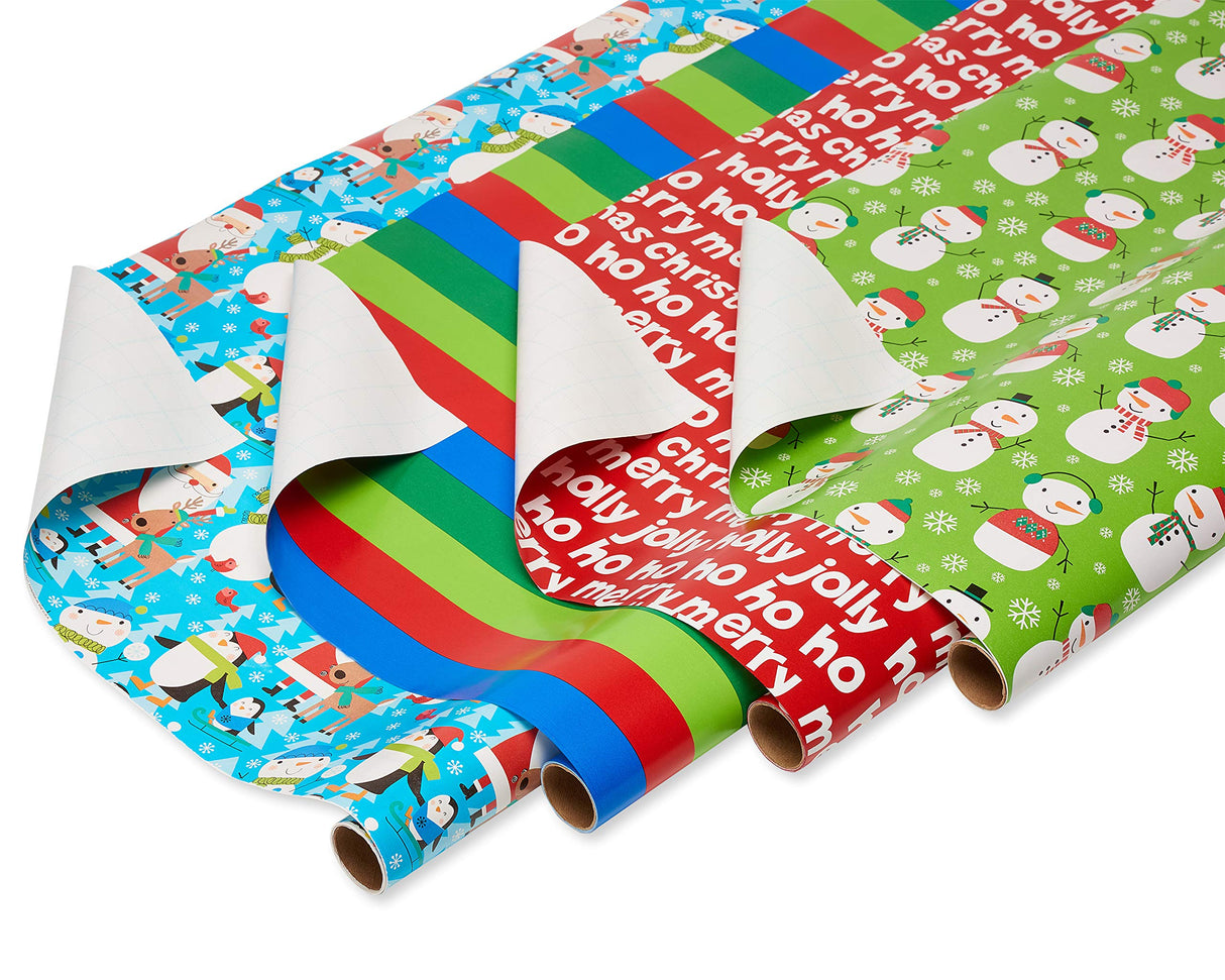 American Greetings 120 sq. ft. Reversible Kids Christmas Wrapping Paper Bundle, Santa, Snowmen and Candy Canes (3 Extra Wide Rolls 40 in. x. 12 ft.)