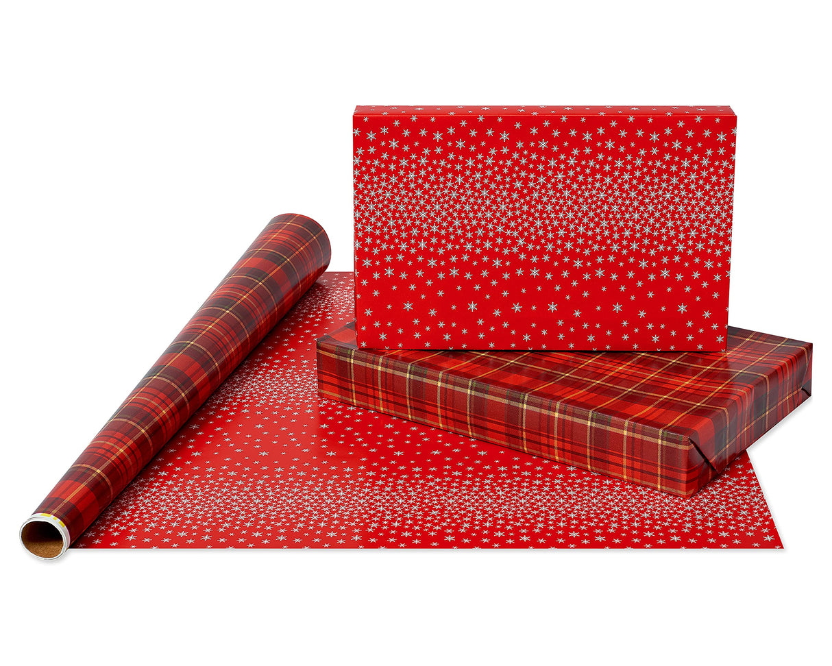 American Greetings 120 sq. ft. Christmas Wrapping Paper Set, Tan, Plaid, Snowman and Christmas Text (4 Rolls 30 in. x 12 ft., 7 Bows, 30 Gift Tags)