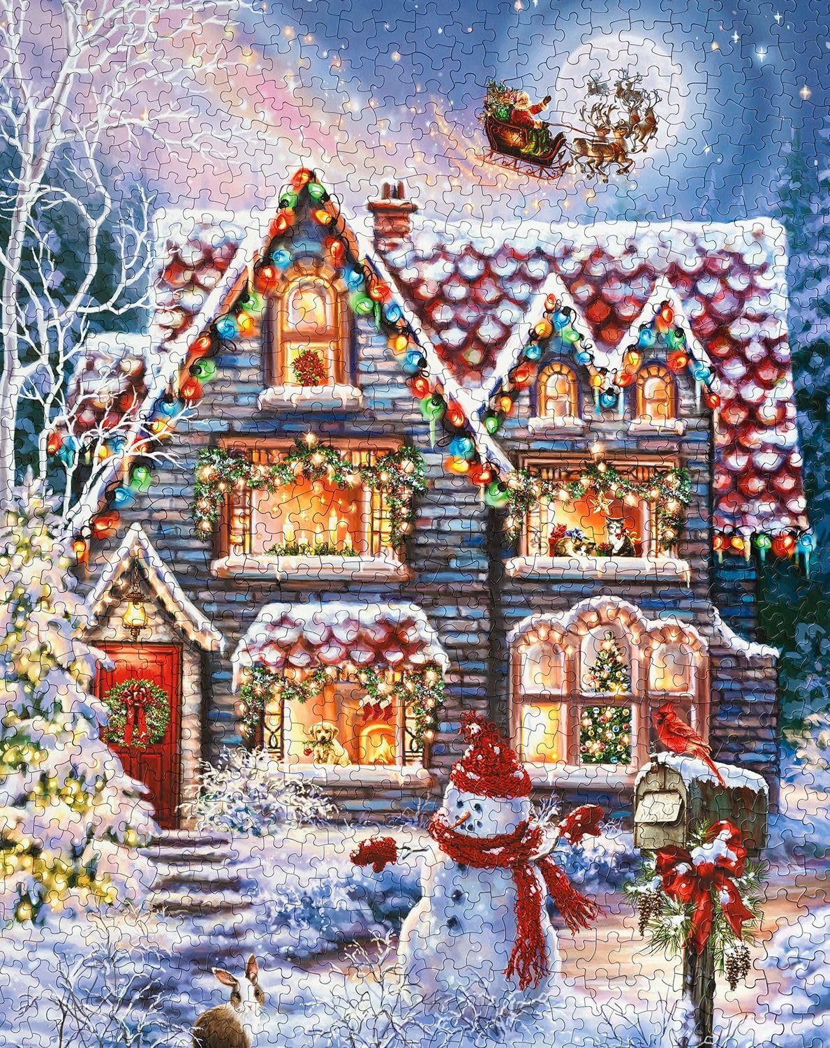 Springbok's Christmas Eve Cottage 1000 Piece Jigsaw Puzzle is a Classic Image of a Cozy Christmas Cottage Complete with Snowman and Santa Sailing Above in His Sleigh