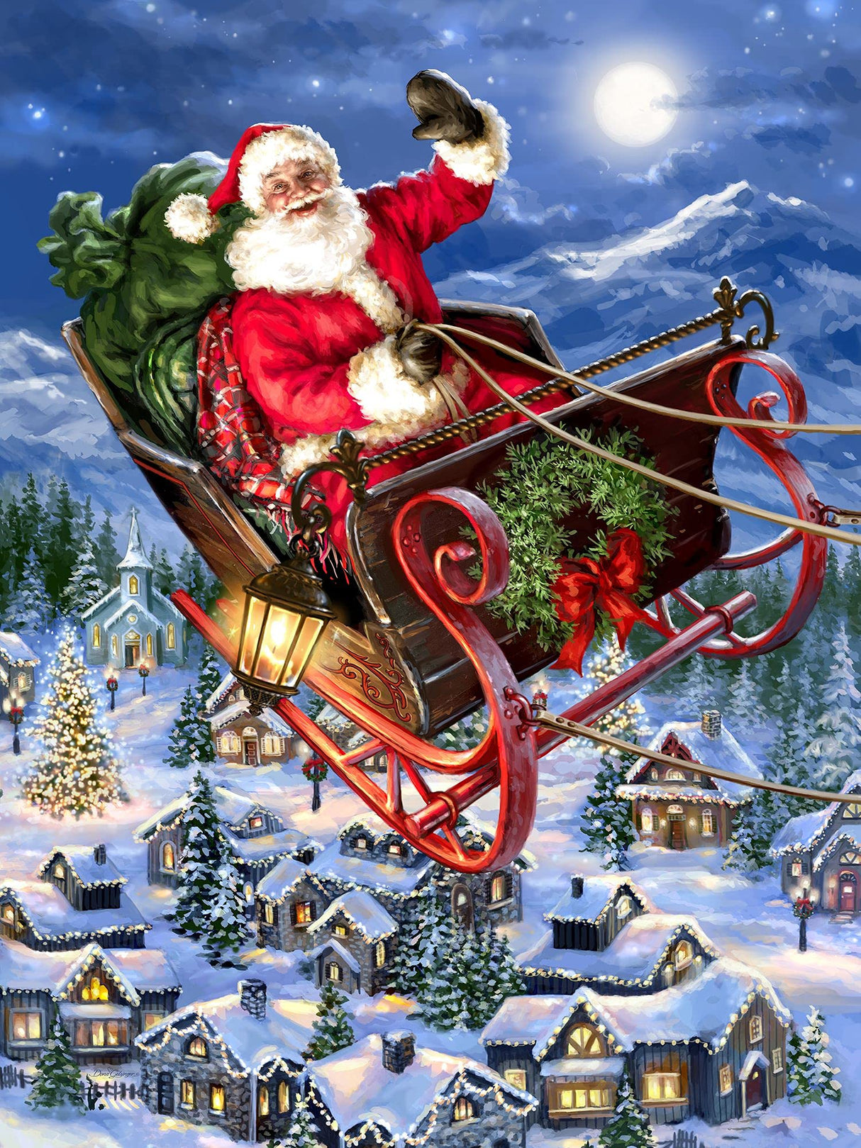 Springbok Delivering Christmas 500 Piece Jigsaw Puzzle - This Classic Scene of Santa in his Sleigh Will get You in The Holiday Spirit