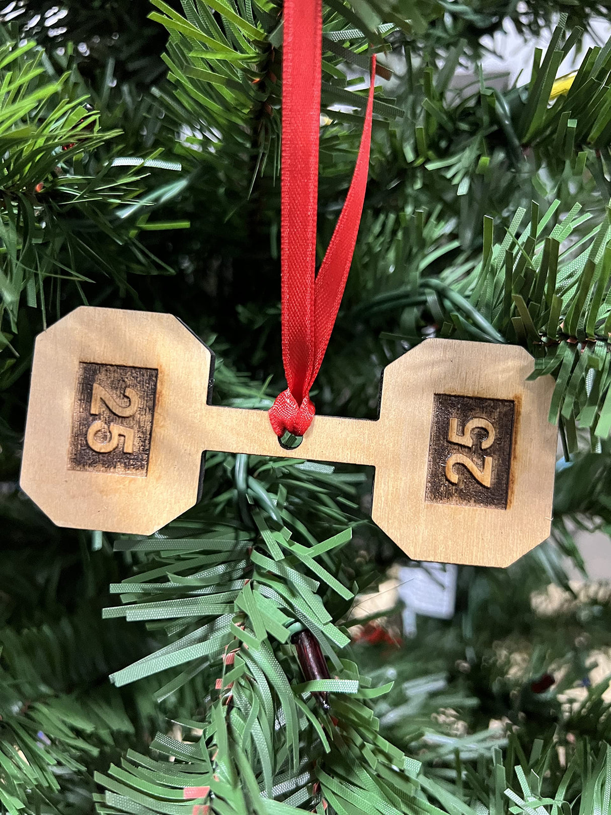 Wooden Weightlifting Christmas Tree Ornament 4 Piece Set, Including Weight Plate, Barbell, Kettlebell, and Dumbbell, Laser Etched, Made in The USA, Weightlifting Gift, Fitness Ornament