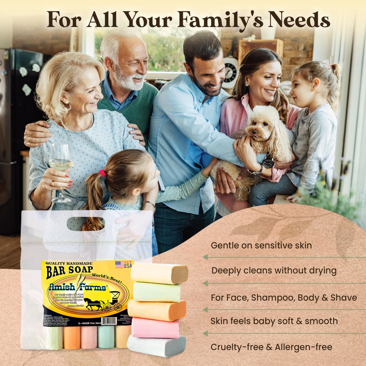 Amish Farms Bar Soap w/All Natural Bentonite Clay | Made in USA, Vegan Moisturizing for Sensitive Skin | Women & Mens Face & Body Bar Bath Soap for Shower | Clean Scent | 5oz Ea (5 Bars)