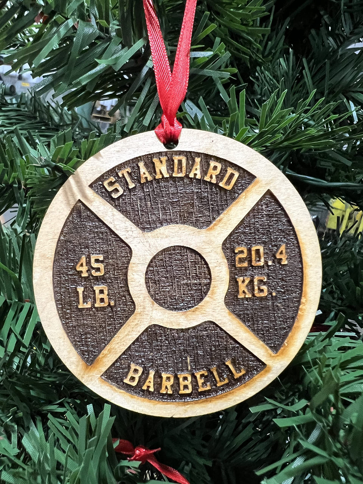 Wooden Weightlifting Christmas Tree Ornament 4 Piece Set, Including Weight Plate, Barbell, Kettlebell, and Dumbbell, Laser Etched, Made in The USA, Weightlifting Gift, Fitness Ornament