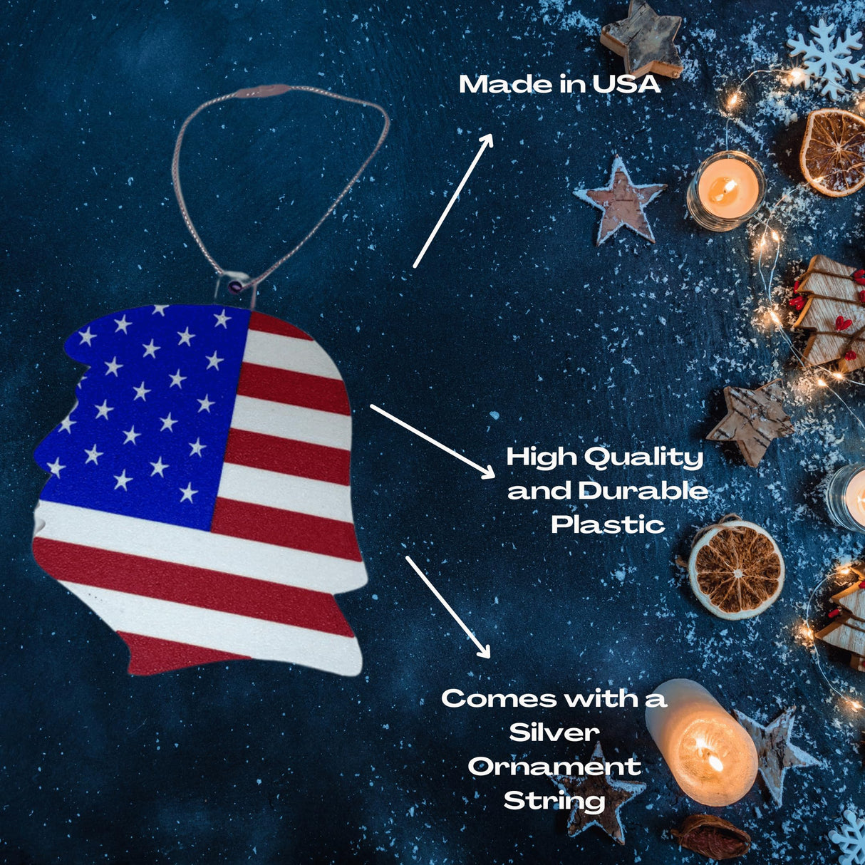 American Flag Trump Head Silhouette Christmas Ornament | Donald Trump Patriotic Holiday Ornament | Made in USA (Trump)