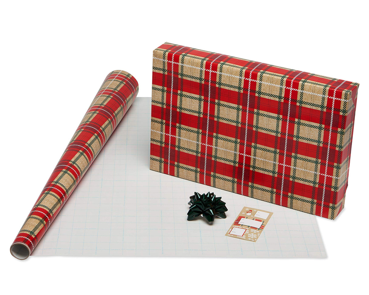 American Greetings 120 sq. ft. Christmas Wrapping Paper Set, Tan, Plaid, Snowman and Christmas Text (4 Rolls 30 in. x 12 ft., 7 Bows, 30 Gift Tags)