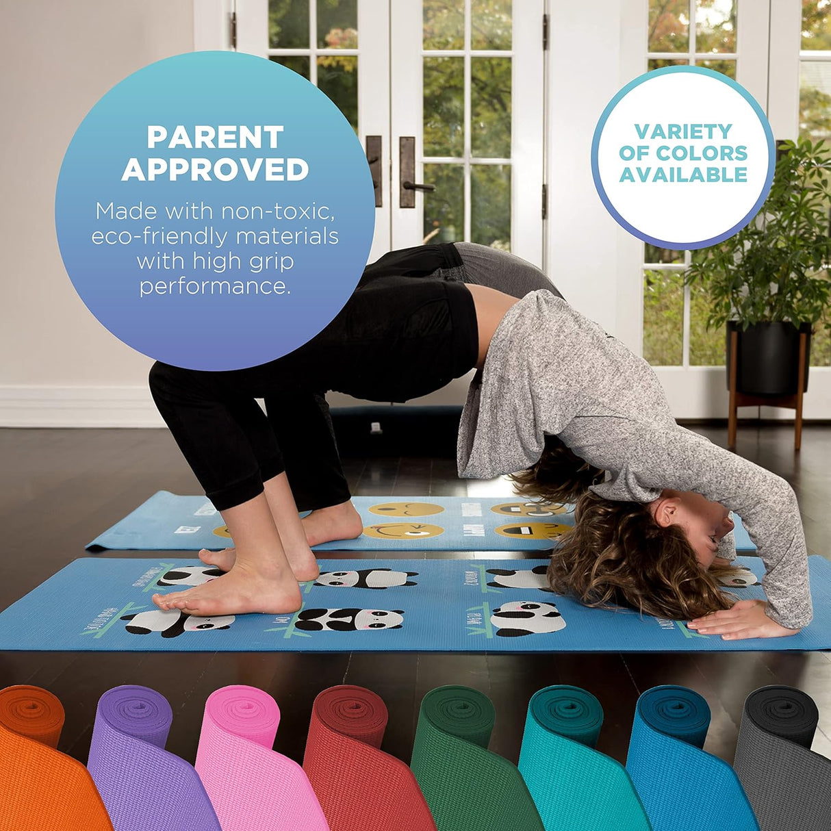 Bean Products Kids Size Sticky Yoga Mat | 3mm Thick (⅛”) x 60” L x 24” W | Non-Toxic SGS Certified | Non-Skid & Non-Slip Eco-Friendly Exercise or Playtime Mat | Fun Colors & Designs | Panda, Raspberry