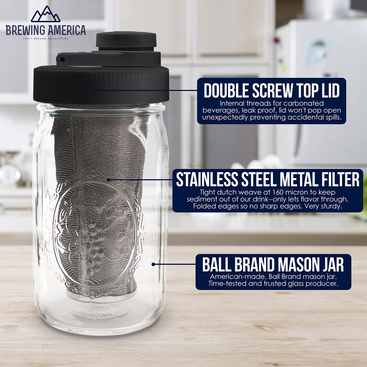 Brewing America Mason Jar Cold Brew Coffee Maker Infuser: Made in USA Wide Mouth Mason Jar with Screw Top Pour and Drinking Lid, Stainless Steel Filter - Coffee, Tea, Alcohol - 2 Quart 64 oz Blue Lid