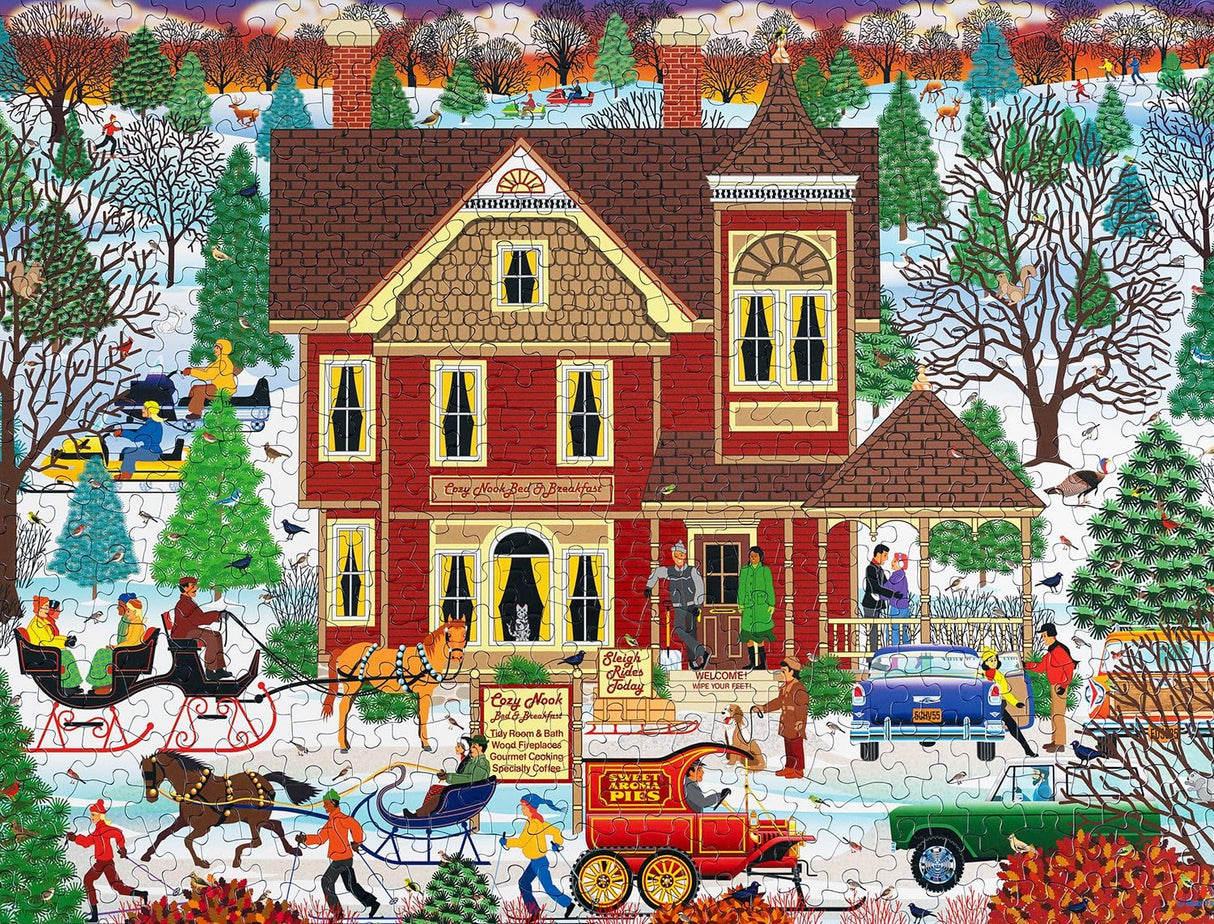 Springbok's Winter Bed and Breakfast 500 Piece Jigsaw Puzzle by Artist Mark Frost Features a Classic Image of Winter Travels