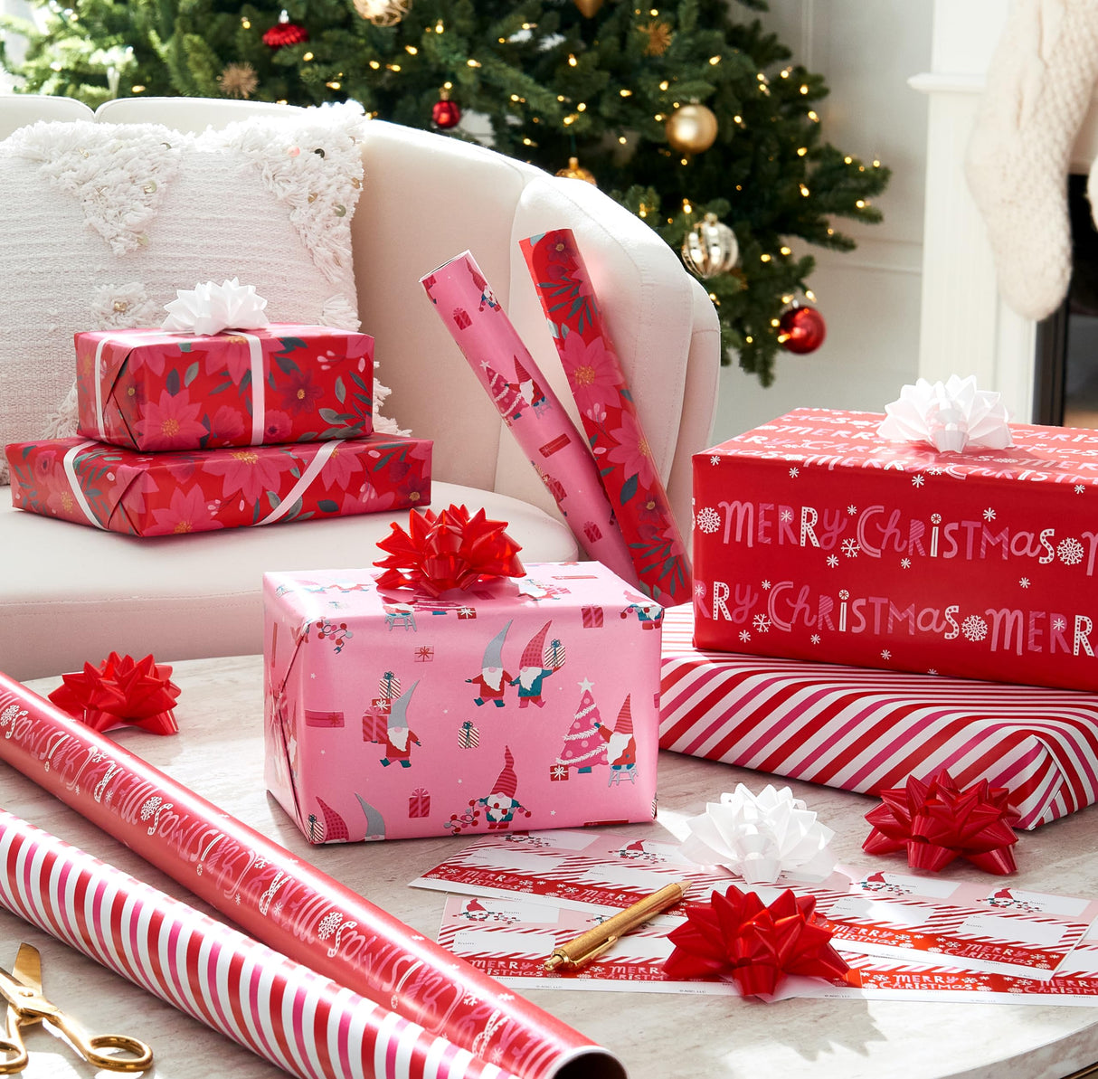 American Greetings 120 sq. ft. Pink Christmas Wrapping Paper Set, Red and Pink (4 Rolls 30 in. x 12 ft., 7 Bows, 30 Gift Tags)