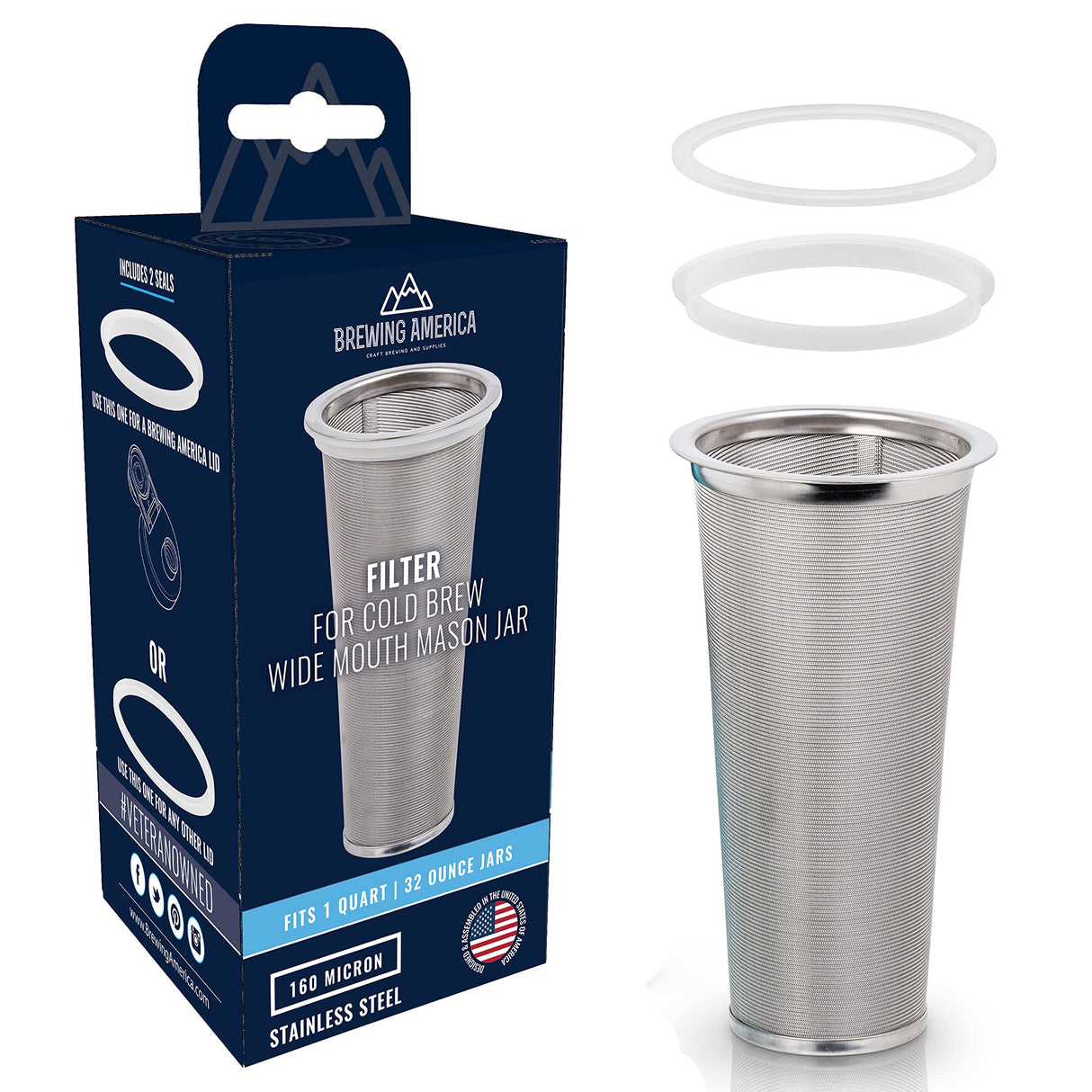 Brewing America Mason Jar Cold Brew Coffee Maker Infuser: Made in USA Wide Mouth Mason Jar with Screw Top Pour and Drinking Lid, Stainless Steel Filter - Coffee, Tea, Alcohol - 2 Quart 64 oz Blue Lid