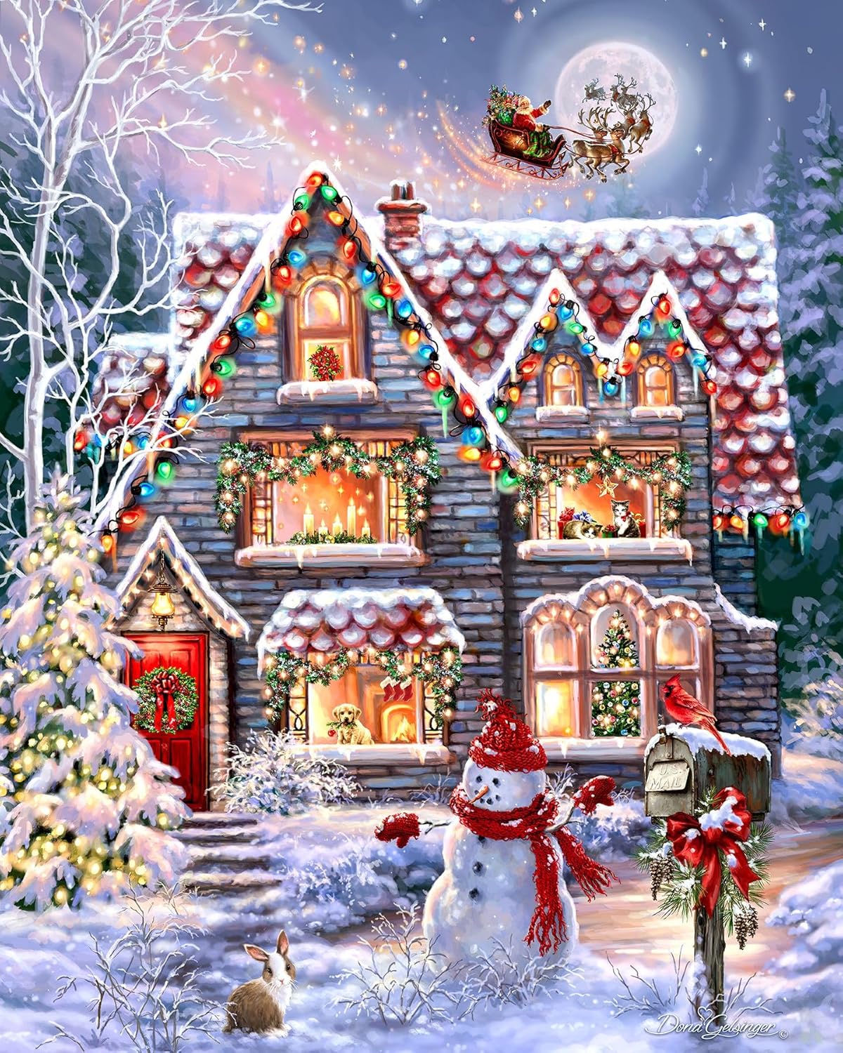 Springbok's Christmas Eve Cottage 1000 Piece Jigsaw Puzzle is a Classic Image of a Cozy Christmas Cottage Complete with Snowman and Santa Sailing Above in His Sleigh
