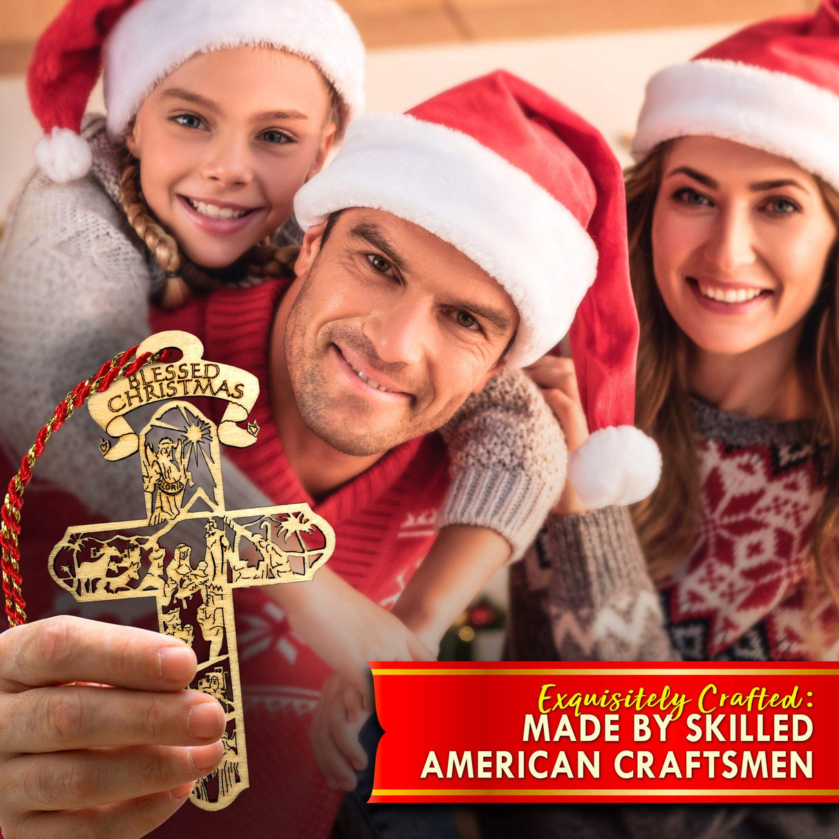 Nativity Cross Christmas Ornament Gift, Real Wooden Decor for Tree, Office, Car. Unique Wood Holy Family Scene Gifts, 4.5X 2.625, Made in USA, Keepsake Tells The Whole Christmas Story