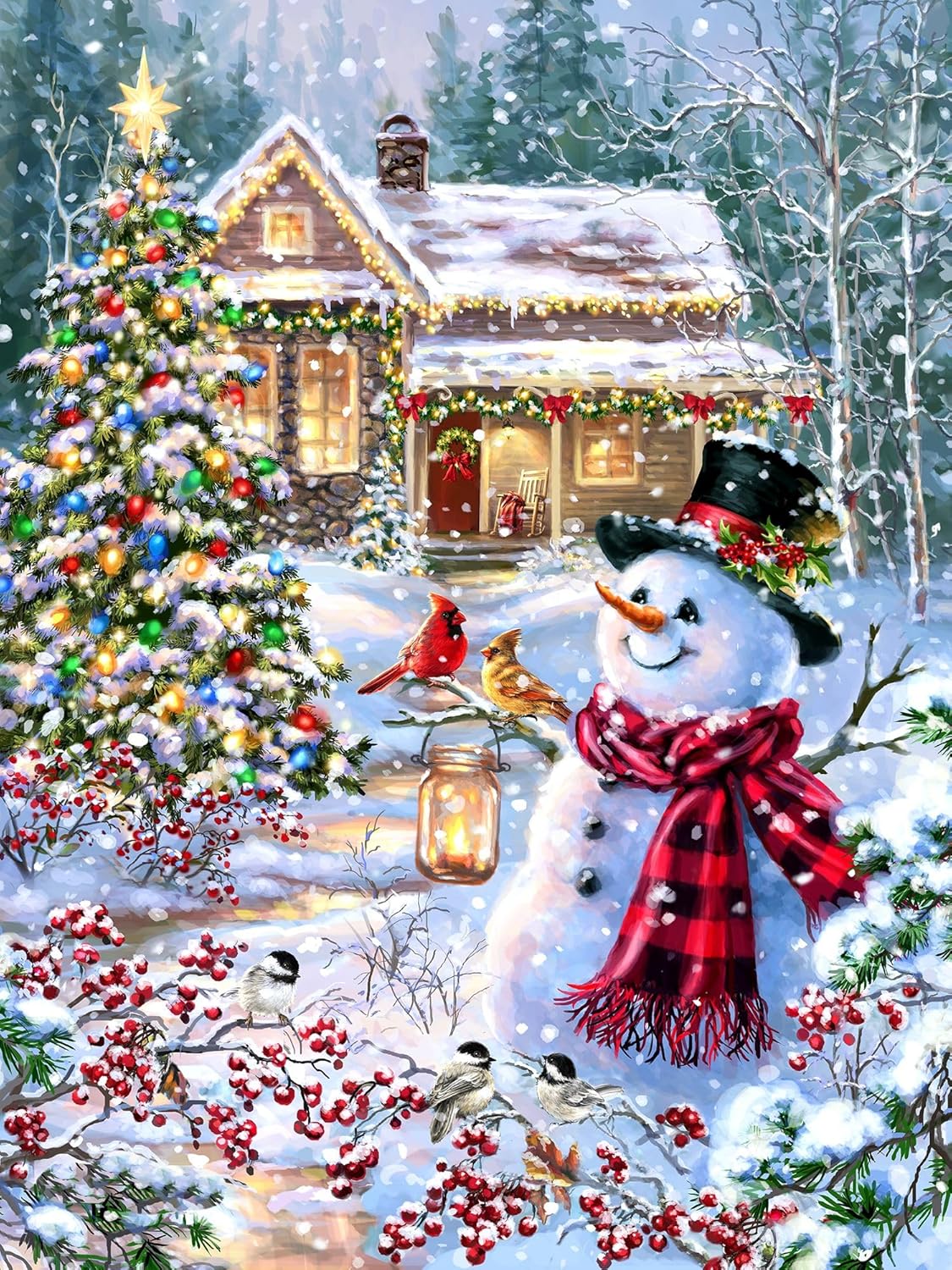 Springbok - Cottage in The Snow - 1000 Piece Jigsaw Puzzle- Holiday Winter Scene with Snowman and Cardinals