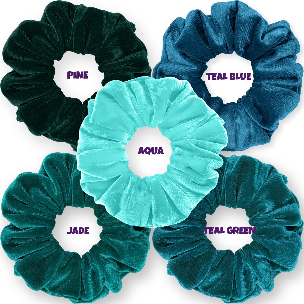 Velvet Scrunchies 5-Pack Gift Set Mini Size Premium Plush Soft Ponytail Holder Made in the USA Pine Teal Blue Aqua Jade Teal Green