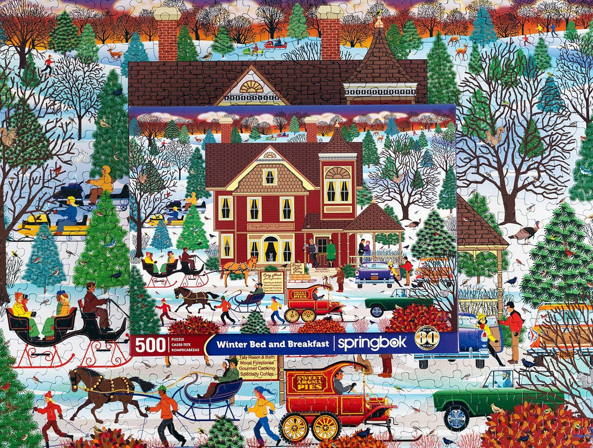 Springbok's Winter Bed and Breakfast 500 Piece Jigsaw Puzzle by Artist Mark Frost Features a Classic Image of Winter Travels