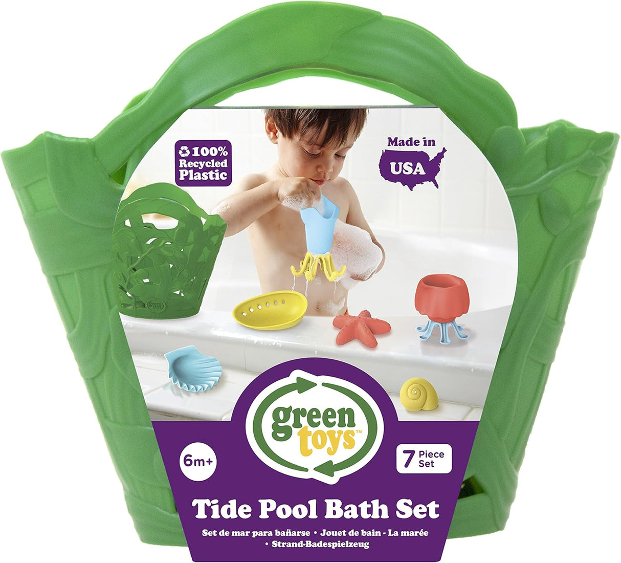 Green Toys Tide Pool Bath Set - 7 Piece Pretend Play, Motor Skills, Kids Bath Toy Floating Pouring Shells with Storage Bag. No BPA, phthalates, PVC. Dishwasher Safe, Recycled Plastic, Made in USA.