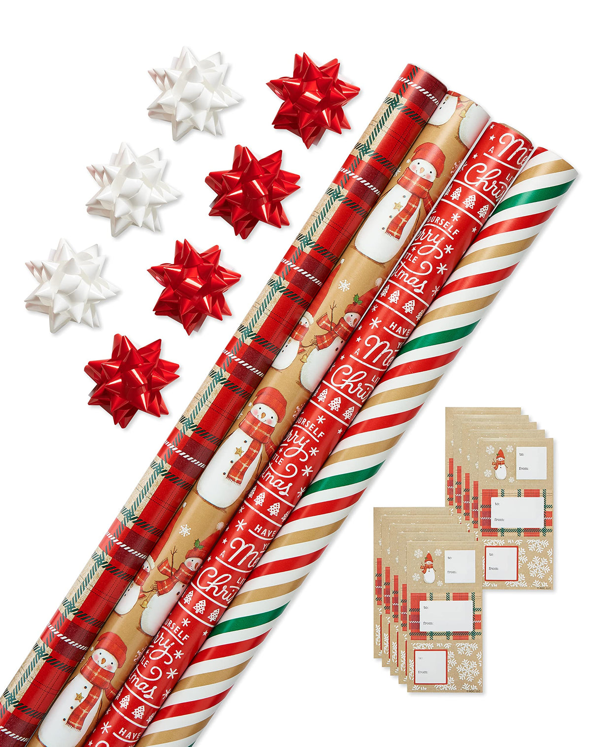 American Greetings 120 sq. ft. Christmas Wrapping Paper Set, Tan, Plaid, Snowman and Christmas Text (4 Rolls 30 in. x 12 ft., 7 Bows, 30 Gift Tags)