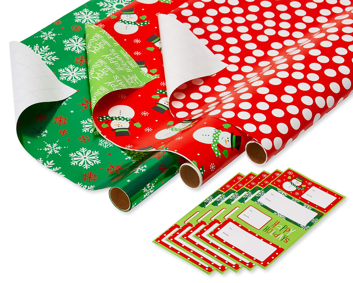 American Greetings 120 sq. ft. Reversible Kids Christmas Wrapping Paper Bundle, Santa, Snowmen and Candy Canes (3 Extra Wide Rolls 40 in. x. 12 ft.)
