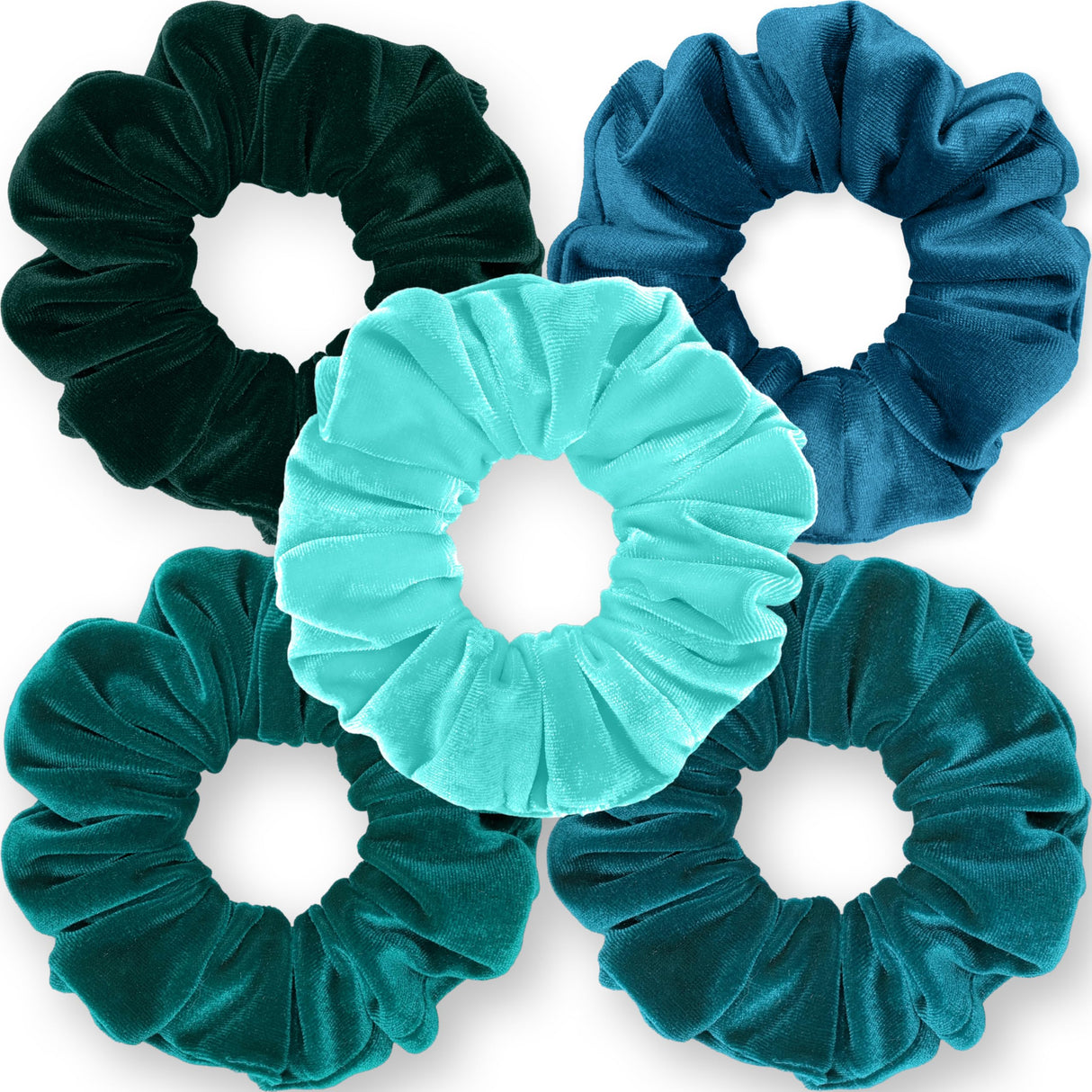Velvet Scrunchies 5-Pack Gift Set Mini Size Premium Plush Soft Ponytail Holder Made in the USA Pine Teal Blue Aqua Jade Teal Green