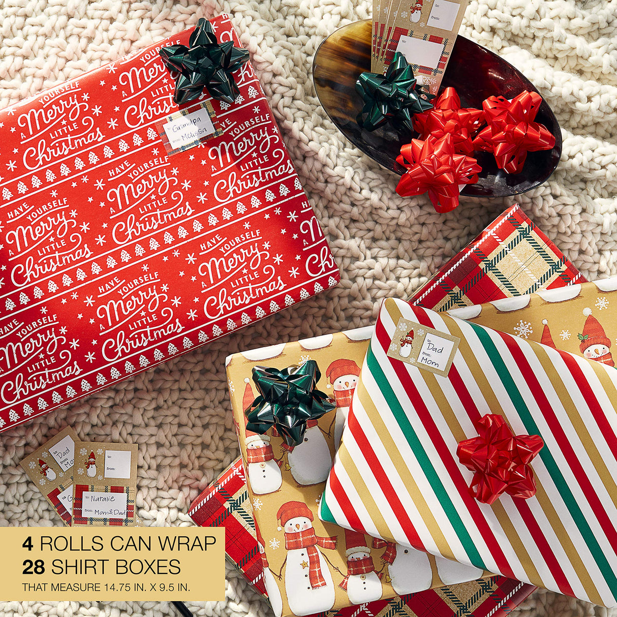 American Greetings 120 sq. ft. Christmas Wrapping Paper Set, Tan, Plaid, Snowman and Christmas Text (4 Rolls 30 in. x 12 ft., 7 Bows, 30 Gift Tags)