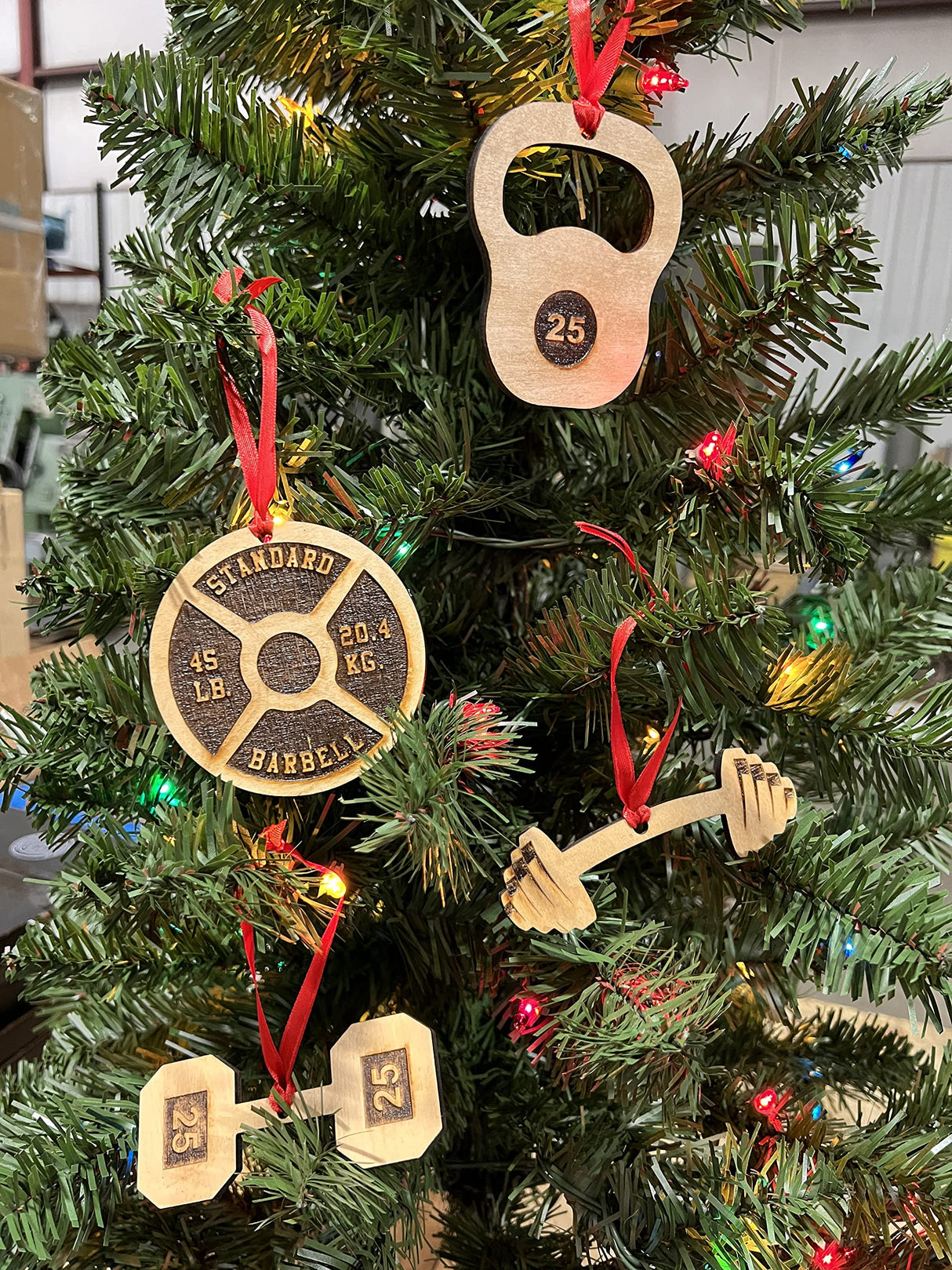 Wooden Weightlifting Christmas Tree Ornament 4 Piece Set, Including Weight Plate, Barbell, Kettlebell, and Dumbbell, Laser Etched, Made in The USA, Weightlifting Gift, Fitness Ornament