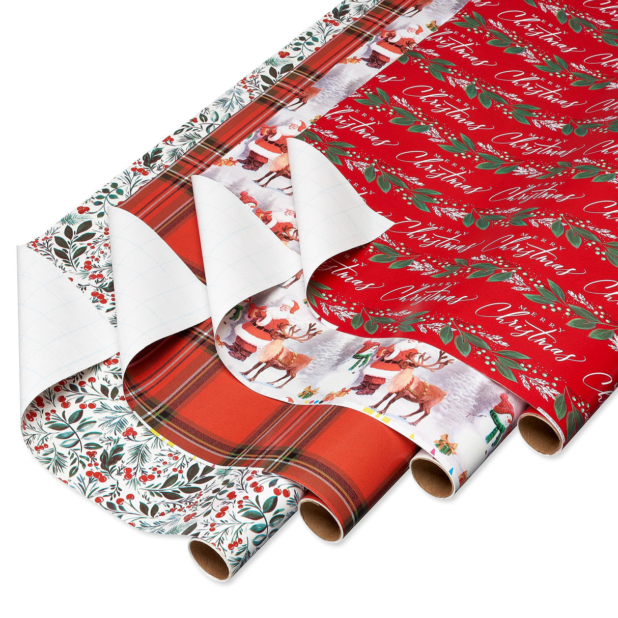 American Greetings 120 sq. ft. Christmas Wrapping Paper Set, Tan, Plaid, Snowman and Christmas Text (4 Rolls 30 in. x 12 ft., 7 Bows, 30 Gift Tags)