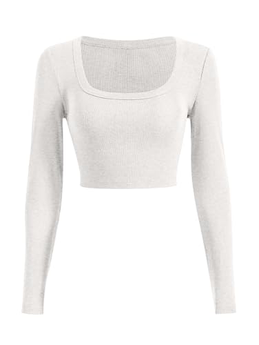 Sweet Hearts Long Sleeve Crop Tops for Women- Ribbed Cute Cropped Top Square Neck Casual Basic Shirt Made in USA