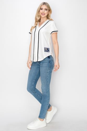 YURO-K Women's Cotton White Color Baseball Jersey with Piping/Made in Los Angeles