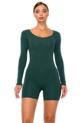 7Wins JJJ Fashion Solid Cotton Spandex Round Neck Low Back Long Sleeve Body-Con Short Romper/Made In USA