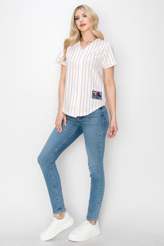 YURO-K Women's White Cotton Pinstripe Baseball Jersey/Made in Los Angeles