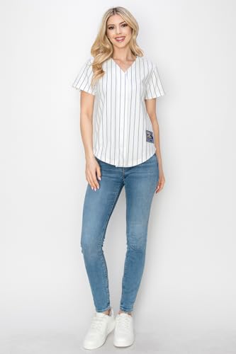 YURO-K Women's White Cotton Pinstripe Baseball Jersey/Made in Los Angeles