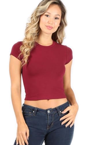 7Wins Womens Cotton Spandex Basic Solid Fitted, Cap Sleeve Crew Neck Cropped top