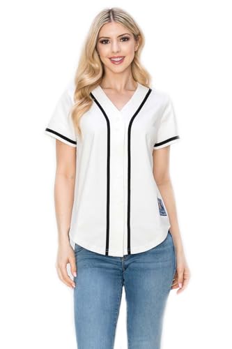 YURO-K Women's Cotton White Color Baseball Jersey with Piping/Made in Los Angeles