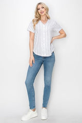 YURO-K Women's White Pinstripe Baseball Jersey/Made in Los Angeles