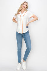 YURO-K Women's Cotton White Color Baseball Jersey with Piping/Made in Los Angeles