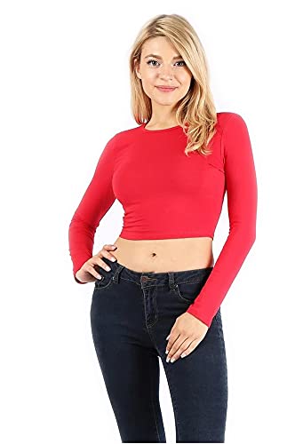 JJJ Women's Long Sleeve Cotton Round Crew Neck Crop Top T-Shirts