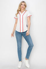 YURO-K Women's Cotton White Color Baseball Jersey with Piping/Made in Los Angeles