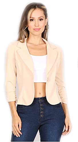 JJJ Fashion Women's Solid One Button Princess Seam Ruched Cuffs Blazer