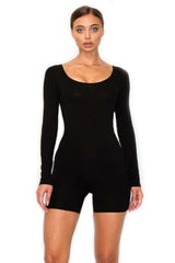 7Wins JJJ Fashion Solid Cotton Spandex Round Neck Low Back Long Sleeve Body-Con Short Romper/Made In USA