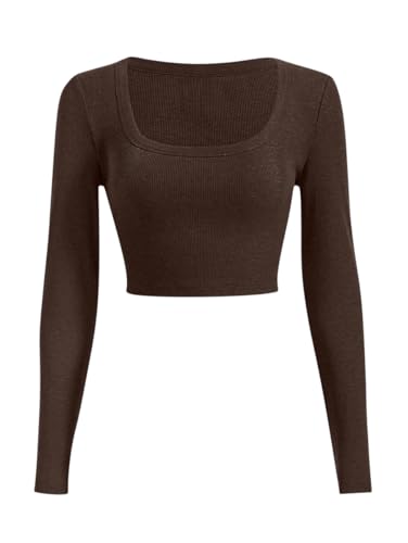 Sweet Hearts Long Sleeve Crop Tops for Women- Ribbed Cute Cropped Top Square Neck Casual Basic Shirt Made in USA