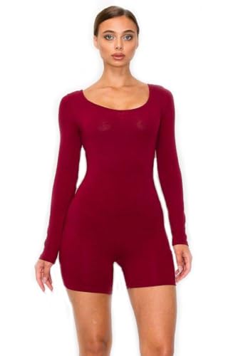 7Wins JJJ Fashion Solid Cotton Spandex Round Neck Low Back Long Sleeve Body-Con Short Romper/Made In USA