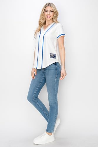 YURO-K Women's Cotton White Color Baseball Jersey with Piping/Made in Los Angeles