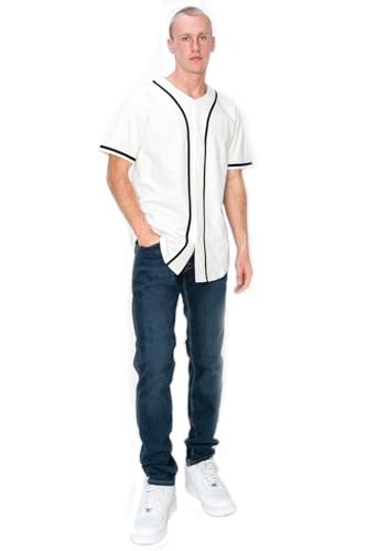 YURO-K Men's Cotton White Color Baseball Jersey with Piping/Made in Los Angeles