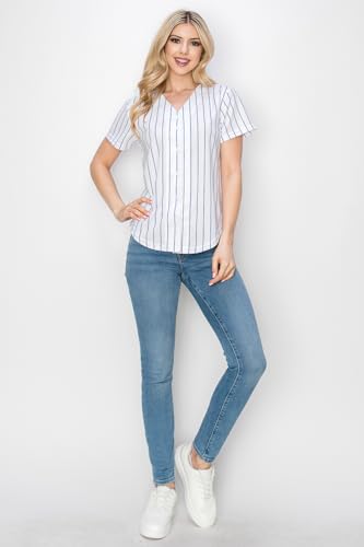 YURO-K Women's White Pinstripe Baseball Jersey/Made in Los Angeles