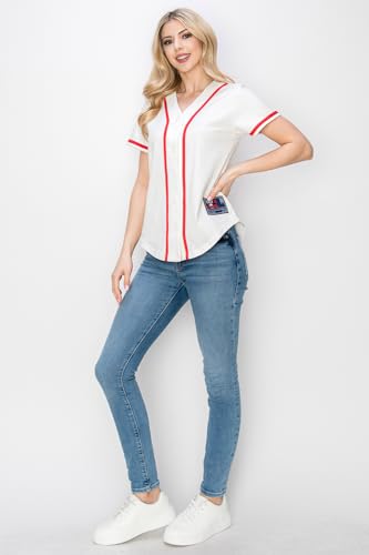 YURO-K Women's Cotton White Color Baseball Jersey with Piping/Made in Los Angeles